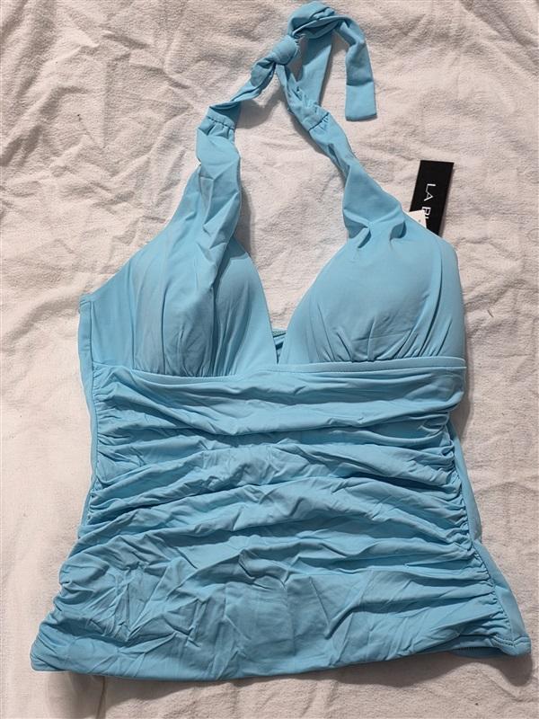 NWT La Blanca 6 Tres Chic Halter Goddess Tankini Swimsuit Top Aqua Blue 134398
