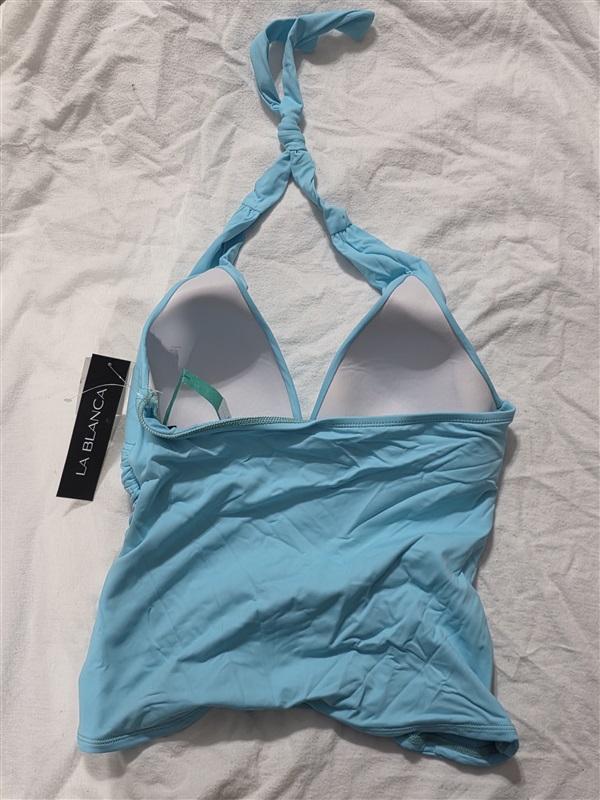 NWT La Blanca 6 Tres Chic Halter Goddess Tankini Swimsuit Top Aqua Blue 134398