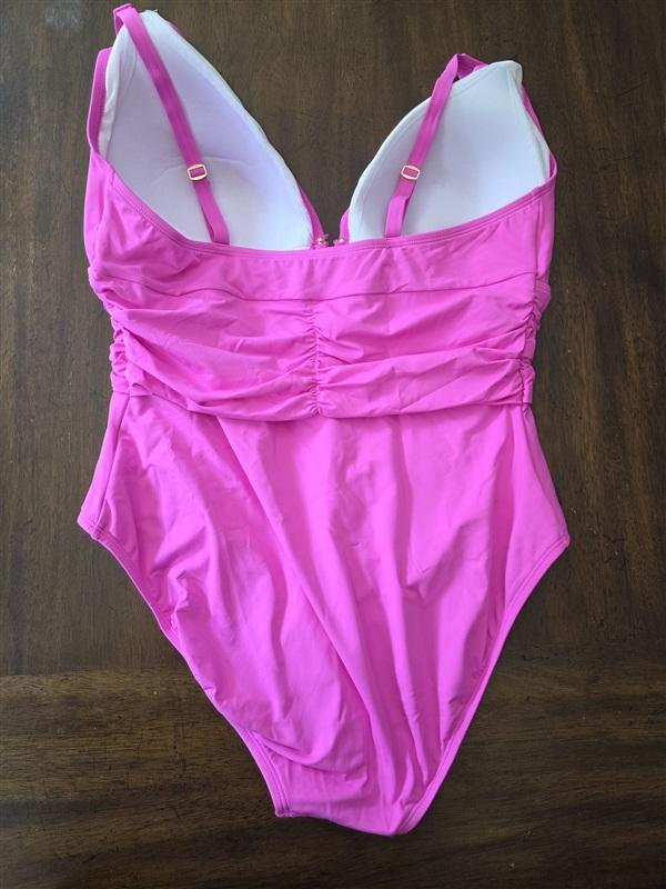 NWT Bleu by Rod Beattie 18W Deep V Neck Pink Ruched 1PC Swimsuit 134405