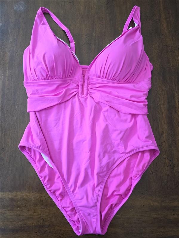 NWT Bleu by Rod Beattie 18W Deep V Neck Pink Ruched 1PC Swimsuit 134405
