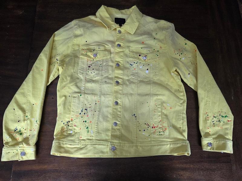 NWOT Mackeen XXL Yellow Paint Splatter Streetwear Denim Jacket 134436