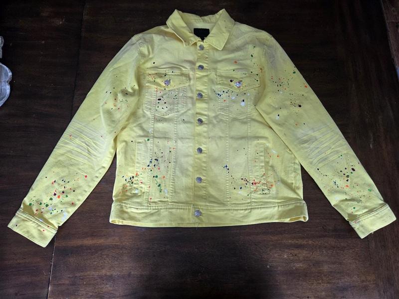 NWOT Mackeen XXL Yellow Paint Splatter Streetwear Denim Jacket 134436