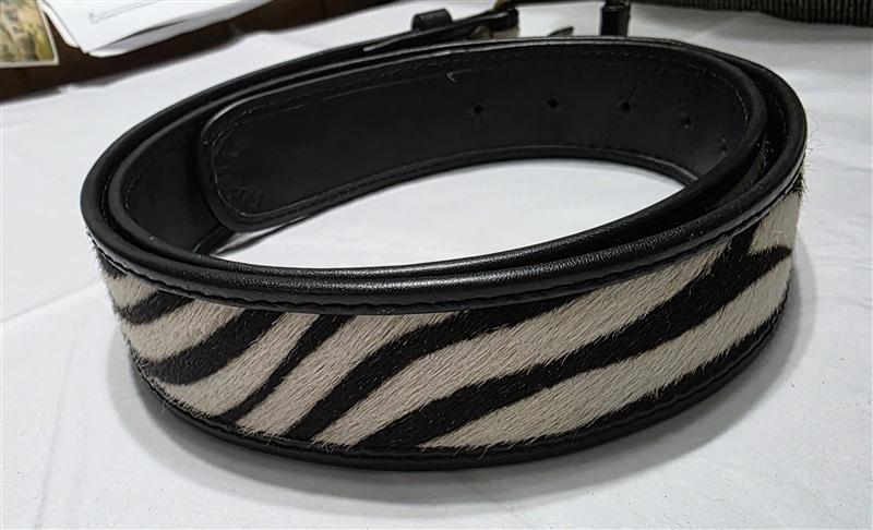PO Boden LG Zebra Print Calf Hair Leather Brown Cream Belt Brass Buckle 134487