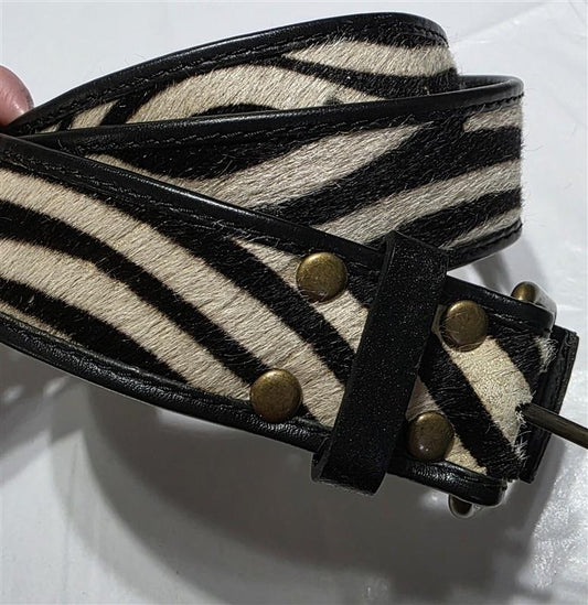 PO Boden LG Zebra Print Calf Hair Leather Brown Cream Belt Brass Buckle 134487