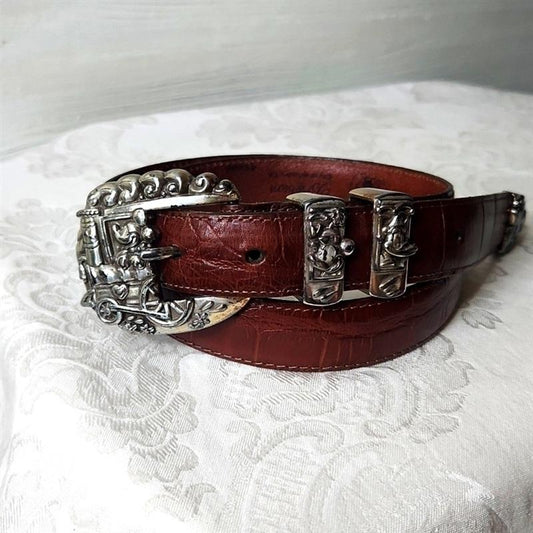 PO Brighton Disney 28 Mickey Train Conductor Brown Leather Lizard Belt 134488