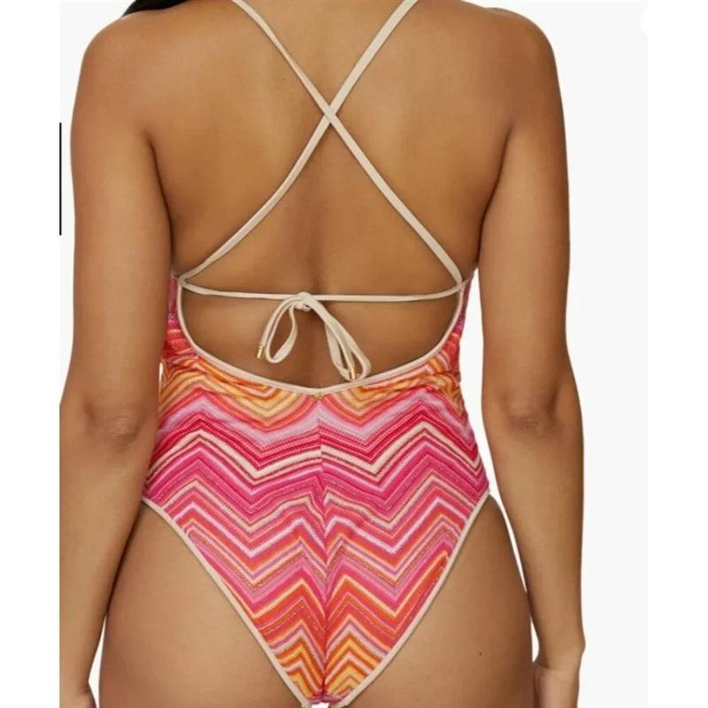 NWT Boston Proper PilyQ M Cayenne Margo 1PC Chevron Stripe Pink Swimsuit 134518
