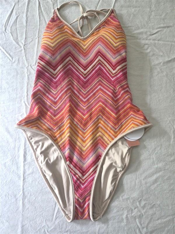 NWT Boston Proper PilyQ M Cayenne Margo 1PC Chevron Stripe Pink Swimsuit 134518