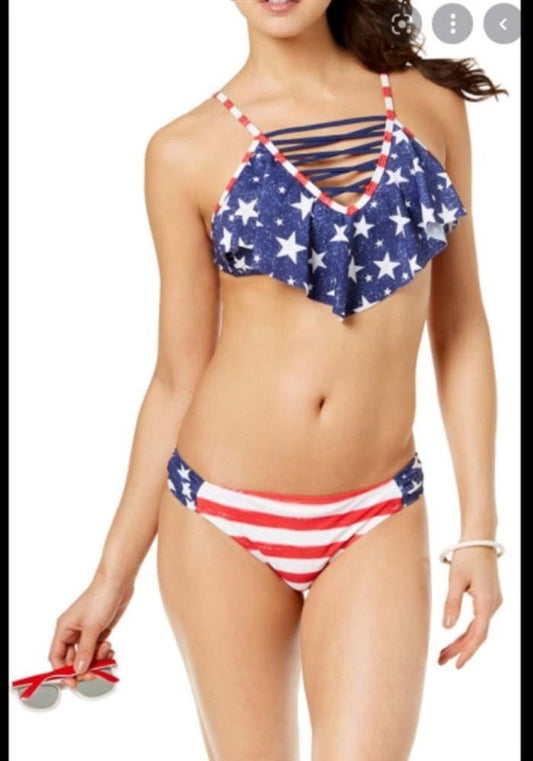 NWT California Waves LG American Flag Red White & Blue Ruffled Bikini Set 134549