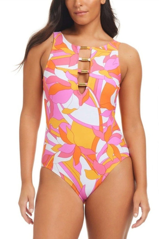 NWT Beyond Control Keyhole Hi Neck Mod Pink 1PC Swimsuit 13458