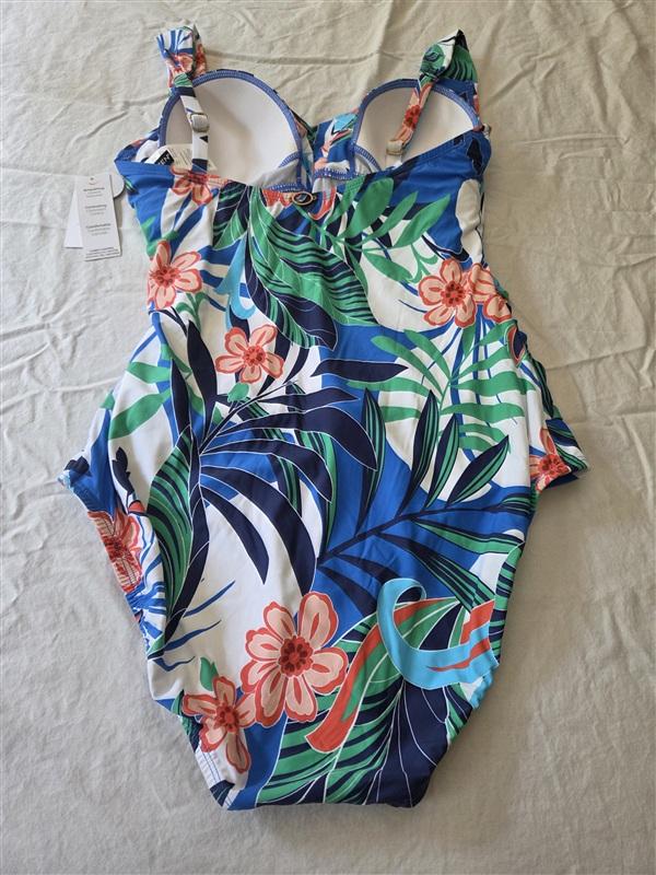 NWT Jantzen 12 SURPLICE 1pc Swimsuit Blue Pink Hawaiian Flower 134596