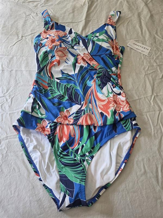 NWT Jantzen 12 SURPLICE 1pc Swimsuit Blue Pink Hawaiian Flower 134596