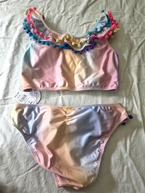NWT Pilyq 16 Girls Swim Golden Hour Ombre Pom Pom Bikini Set 134597