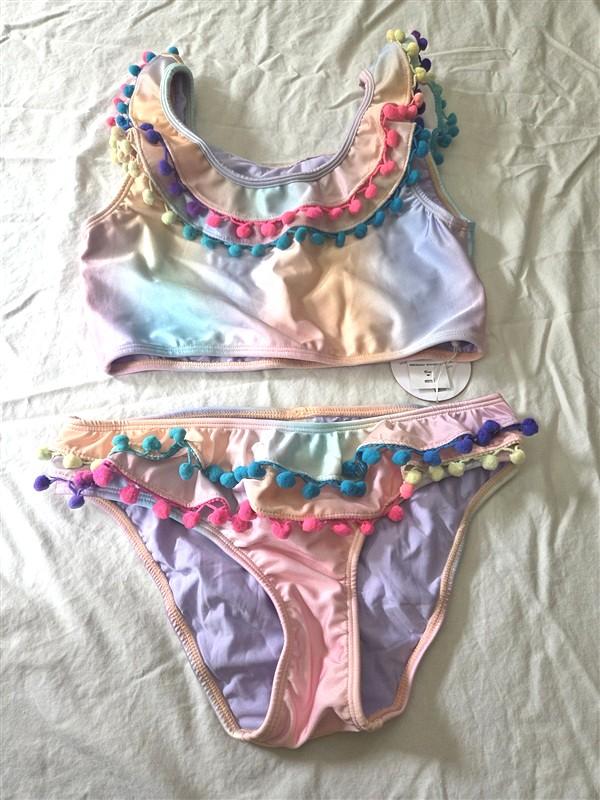 NWT Pilyq 16 Girls Swim Golden Hour Ombre Pom Pom Bikini Set 134597