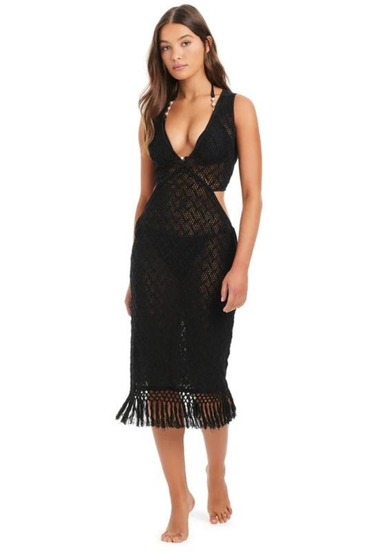 NWT Red Carter M Crochet Midi Cover Up Dress Tassels Black 134605