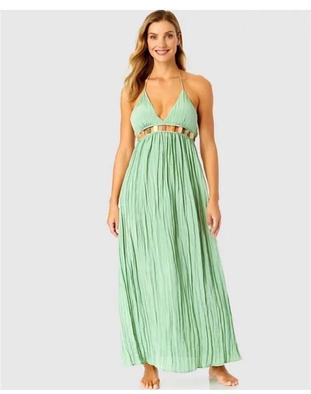 NWT Anne Cole Large Ibiza V-Neck Jewel Halter Green Maxi Cover-Up 134607