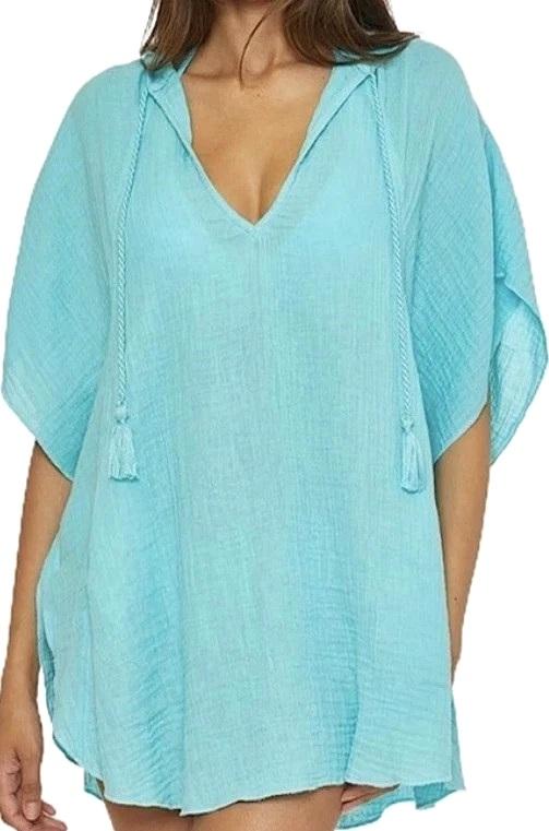 NWOT Trina Turk L/XL Serene Cotton Eyelash Trim Cover up Poncho Blue 134609