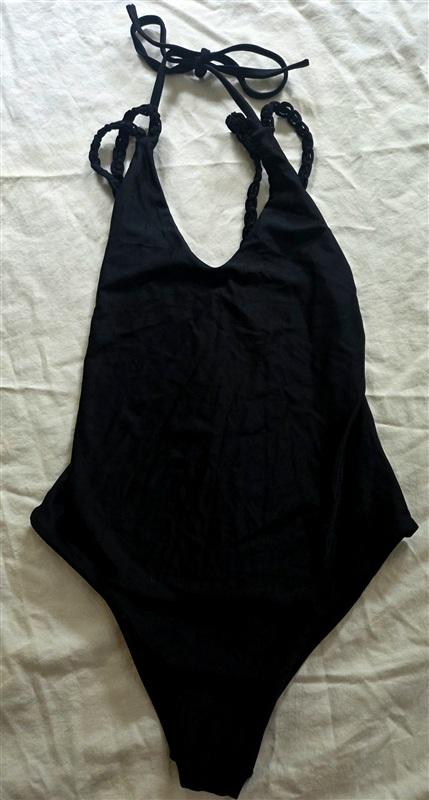NWOT PilyQ S ISLAND MACRAME 1PC SWIMSUIT Black HALTER 134614
