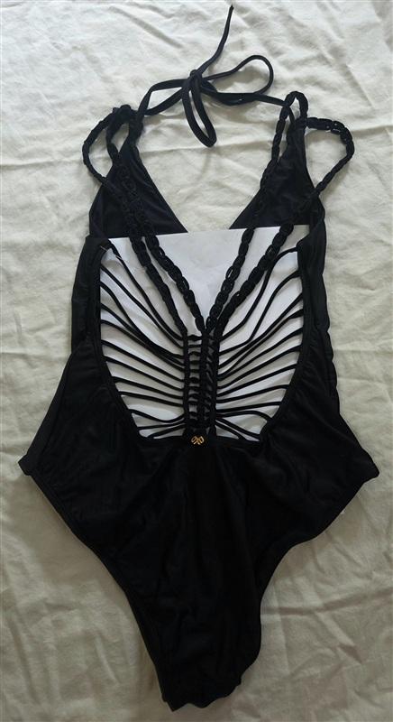 NWOT PilyQ S ISLAND MACRAME 1PC SWIMSUIT Black HALTER 134614