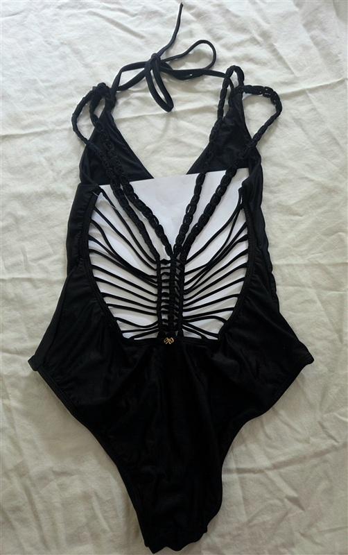 NWOT PilyQ S ISLAND MACRAME 1PC SWIMSUIT Black HALTER 134614