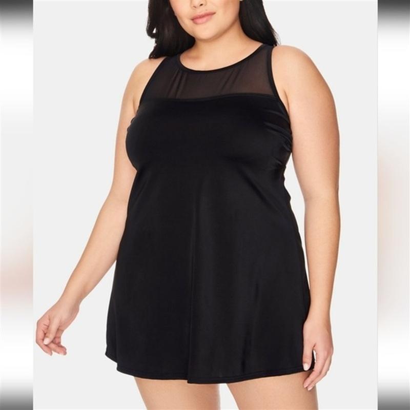 NWOT Swim Solutions 10 Mesh Illusion 1PC Swim Dress Tummy Control 134765