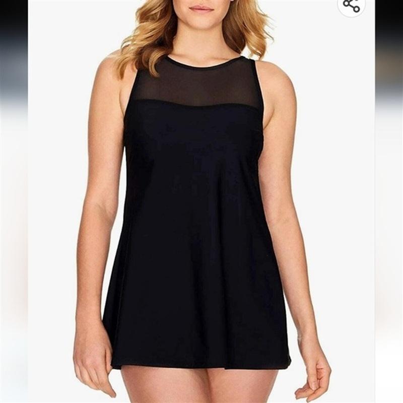 NWOT Swim Solutions 10 Mesh Illusion 1PC Swim Dress Tummy Control 134765