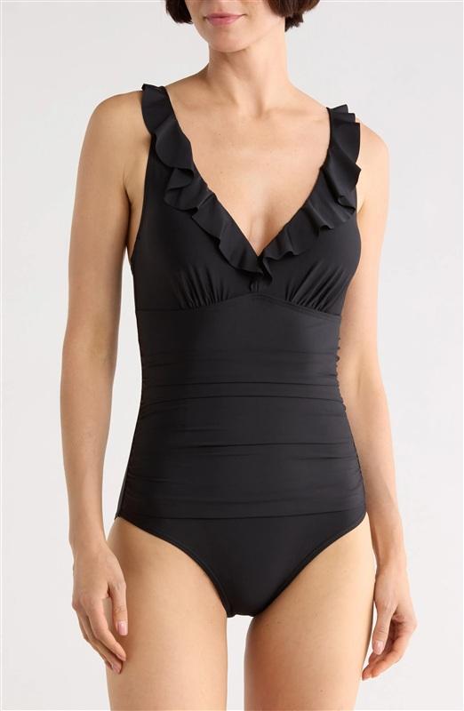 NWT DKNY 6 Ruffle V-Neck One-Piece Swimsuit Black Slimming 134768