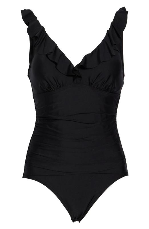 NWT DKNY 6 Ruffle V-Neck One-Piece Swimsuit Black Slimming 134768