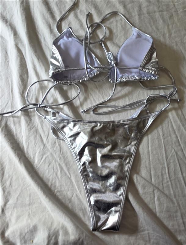 NWOT Silver Metallic M Triangle Top & Bottom Bikini Swim Set 134771