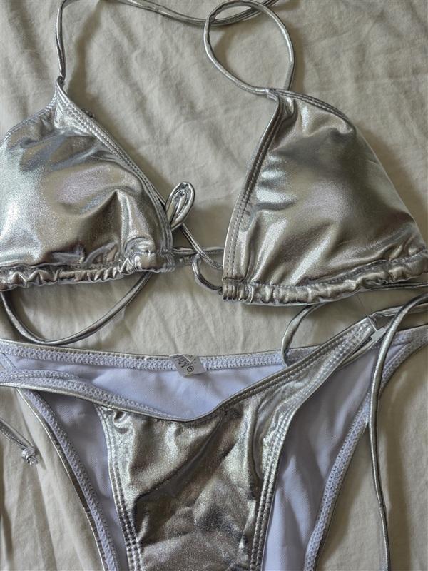 NWOT Silver Metallic M Triangle Top & Bottom Bikini Swim Set 134771