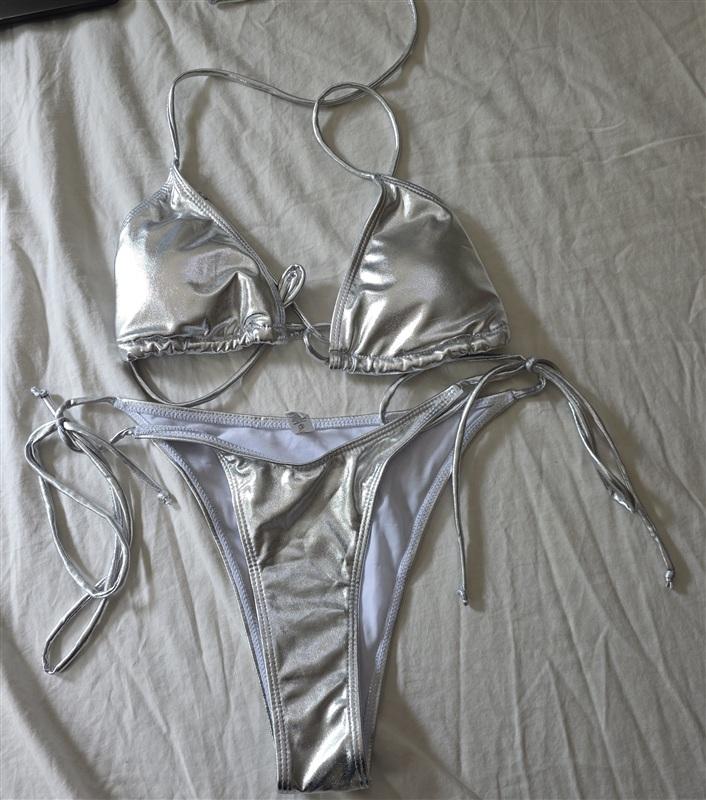 NWOT Silver Metallic M Triangle Top & Bottom Bikini Swim Set 134771