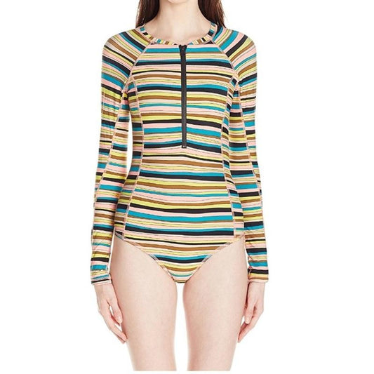NWTD Volcom S Salty Air Striped Rash Guard Bodysuit Long Sleeve Swimsuit 134775