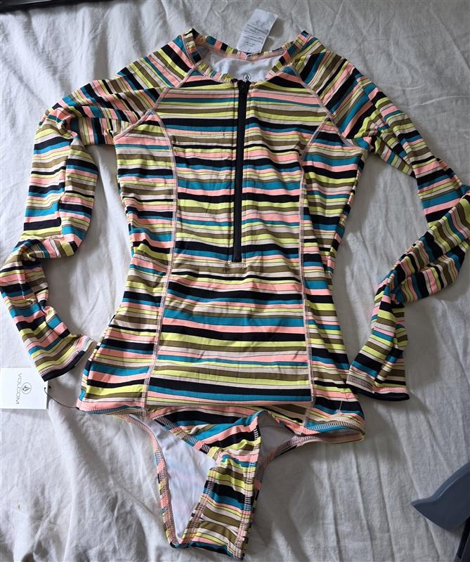 NWTD Volcom S Salty Air Striped Rash Guard Bodysuit Long Sleeve Swimsuit 134775