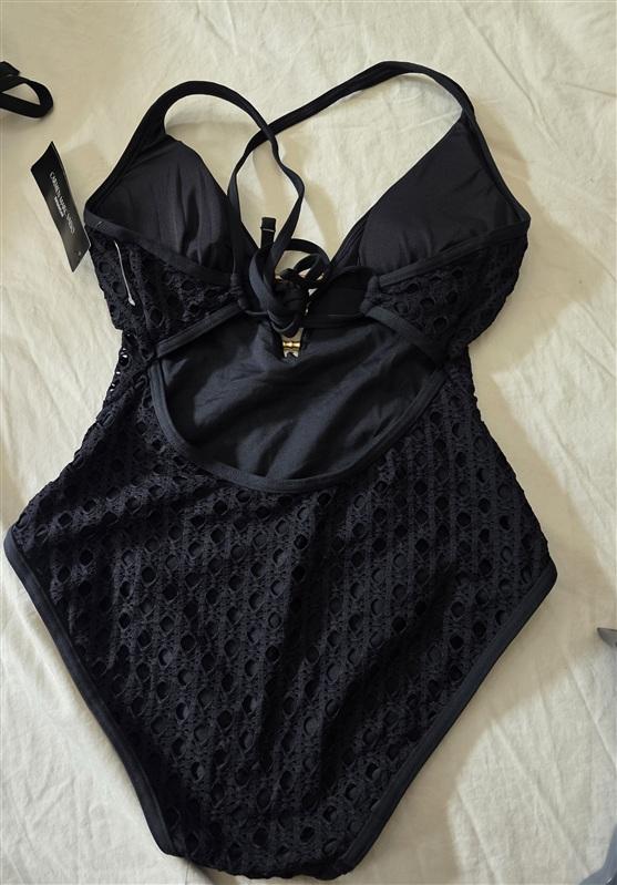 NWT Carmen Marc Valvo 8 Black Crochet Gold Bar Plunge 1PC Swimsuit 134776