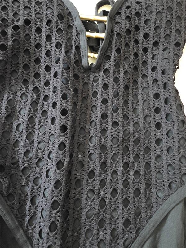 NWT Carmen Marc Valvo 8 Black Crochet Gold Bar Plunge 1PC Swimsuit 134776