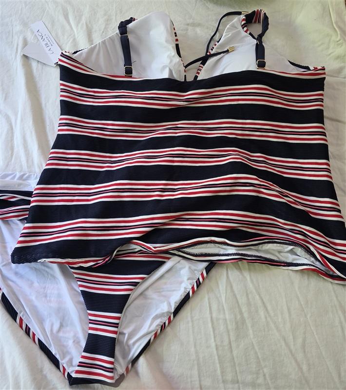 NWT La Blanca 22W Sailor Stripe Over The Shoulder Lace Up Tankini Top 134779