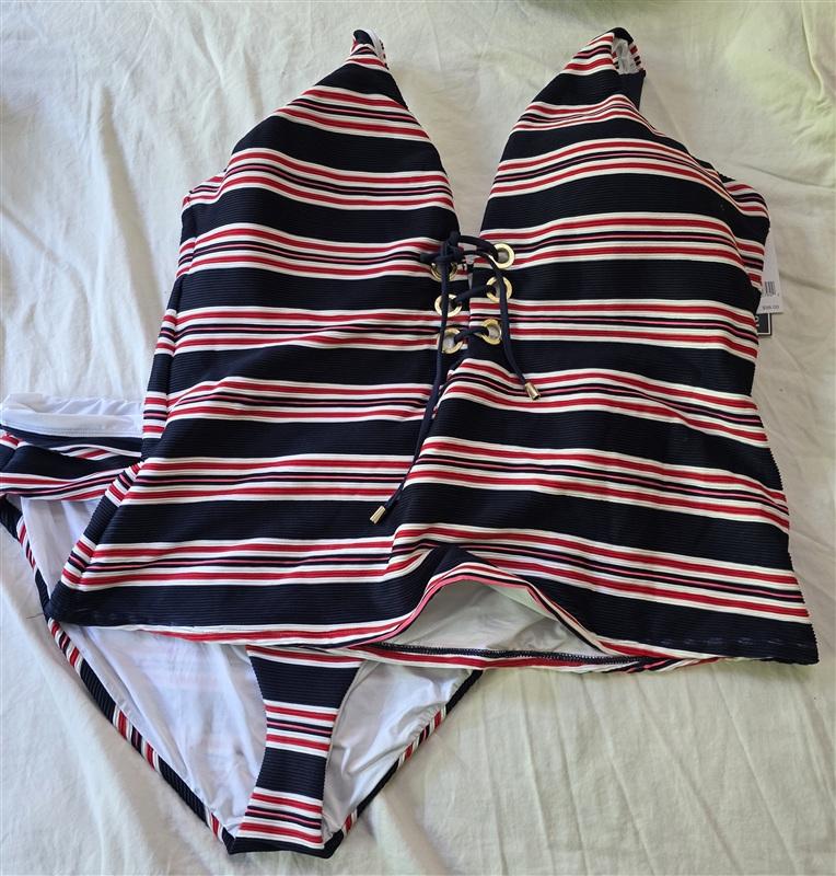 NWT La Blanca 22W Sailor Stripe Over The Shoulder Lace Up Tankini Top 134779