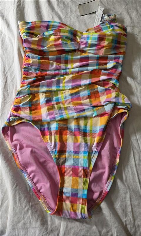 NWT Bleu Rod Beattie 8 Twist Front Plaid Bandeau 1pc Swimsuit 134831