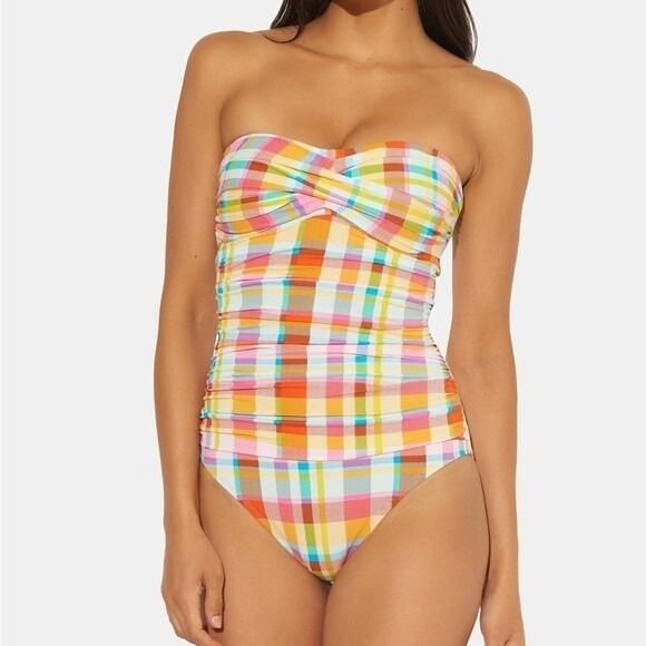 NWT Bleu Rod Beattie 8 Twist Front Plaid Bandeau 1pc Swimsuit 134831