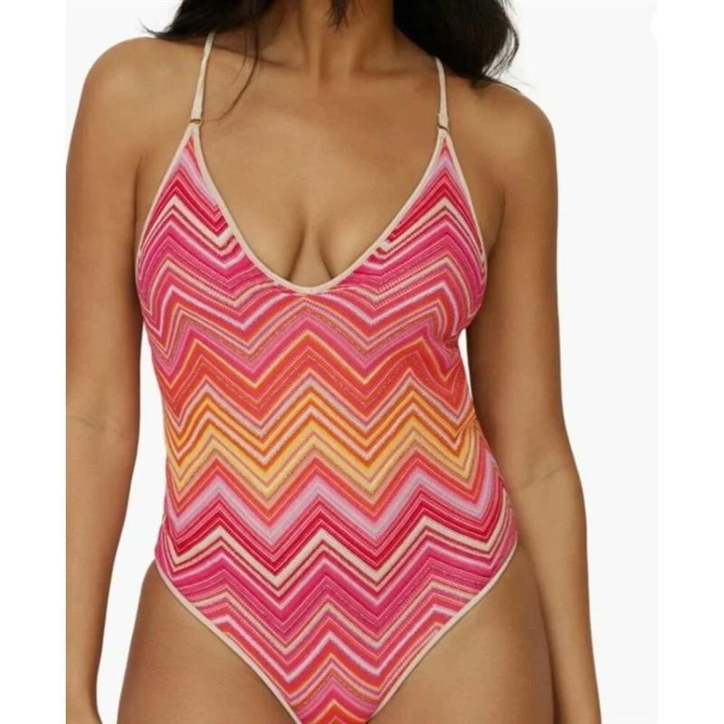 NWT Boston Proper PilyQ L Cayenne Margo 1PC Chevron Stripe Pink Swimsuit 134834