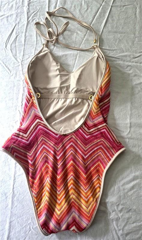 NWT Boston Proper PilyQ L Cayenne Margo 1PC Chevron Stripe Pink Swimsuit 134834