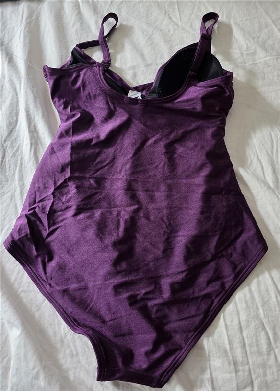 NWT DKNY M Ruched Twist Neck One-Piece Swimsuit Purple Slimming 134871