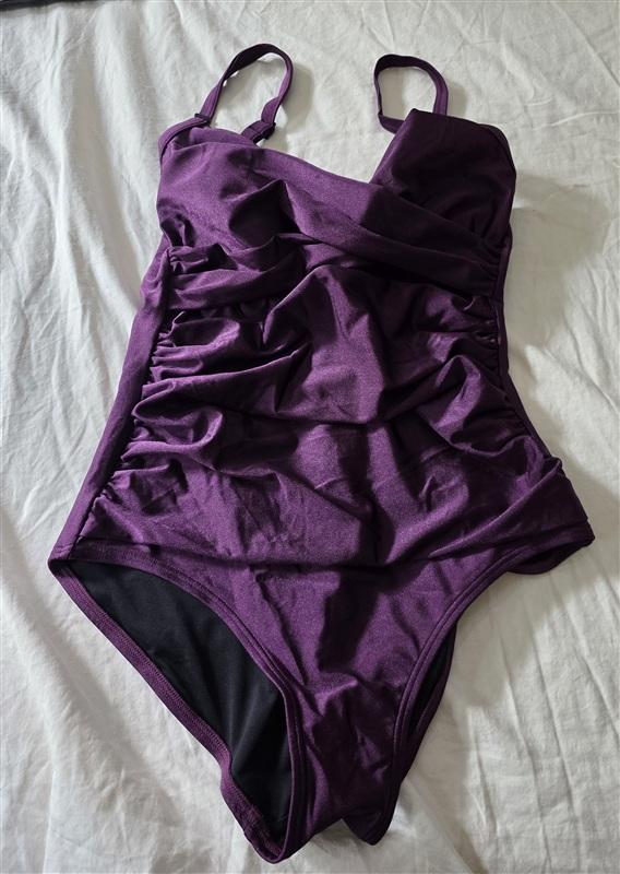 NWT DKNY M Ruched Twist Neck One-Piece Swimsuit Purple Slimming 134871