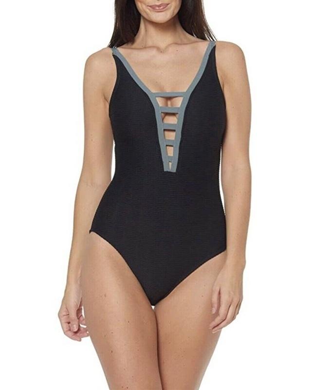 NWT Bleu by Rod Beattie SZ 8 Into The Groove Textured Plunge 1PC Swimsuit 134883