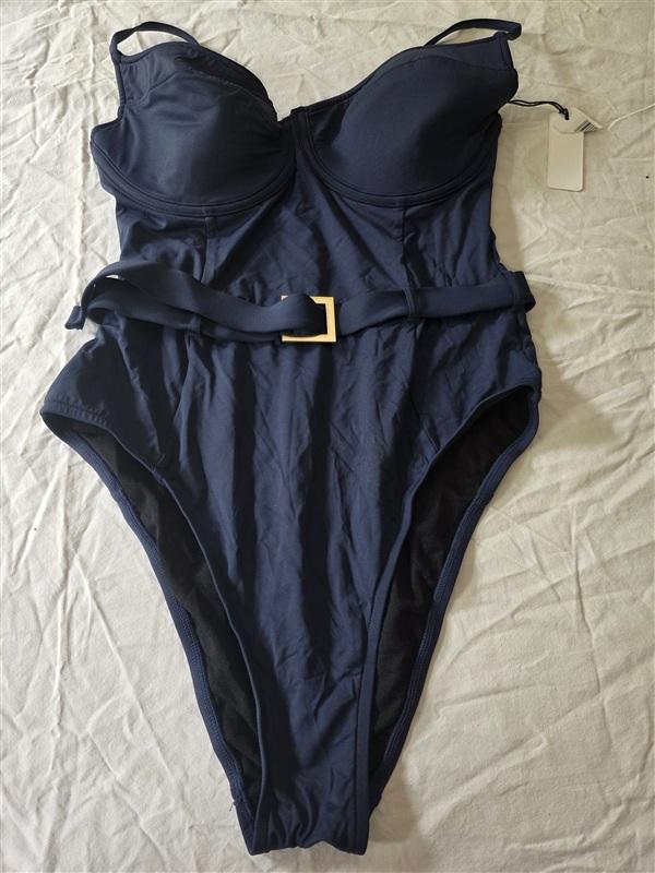 NWOT We Wore What XS Belted Underwired Navy Blue One-Piece Swimsuit 134887