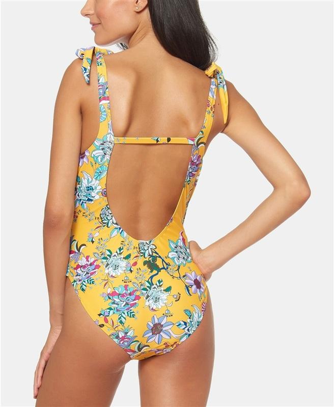 Jessica Simpson S Tie-Shoulder V-Neck 1PC Swimsuit Yellow Floral 134889