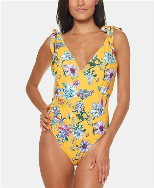 Jessica Simpson S Tie-Shoulder V-Neck 1PC Swimsuit Yellow Floral 134889