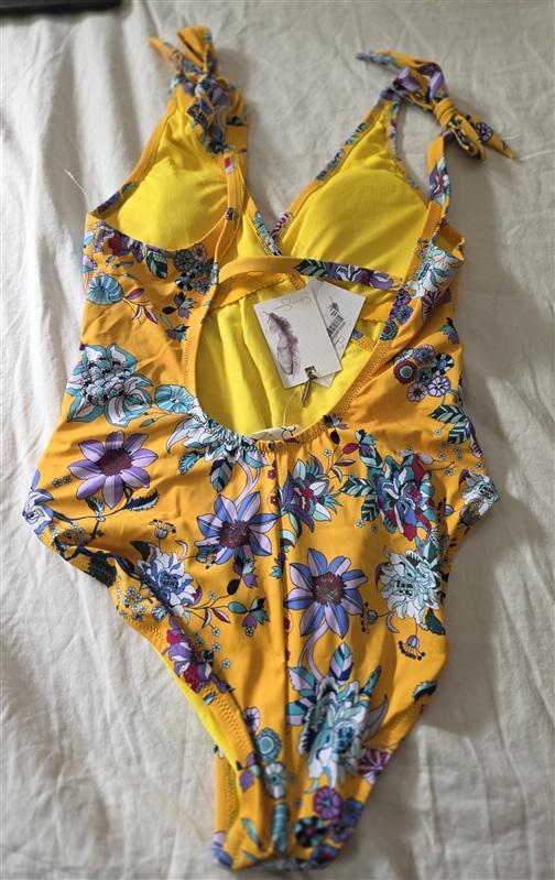 Jessica Simpson S Tie-Shoulder V-Neck 1PC Swimsuit Yellow Floral 134889