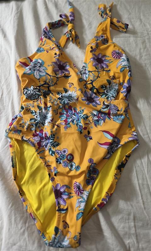 Jessica Simpson S Tie-Shoulder V-Neck 1PC Swimsuit Yellow Floral 134889