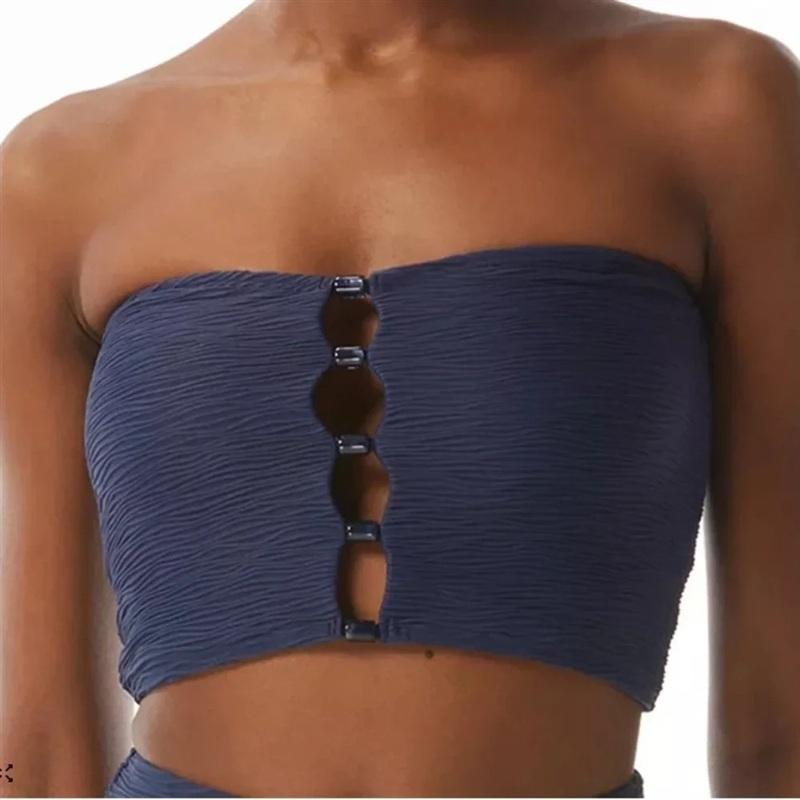 NWT Carmen Marc Valvo L Maritime Blue Textured Bandeau Bikini Crop Top 134896