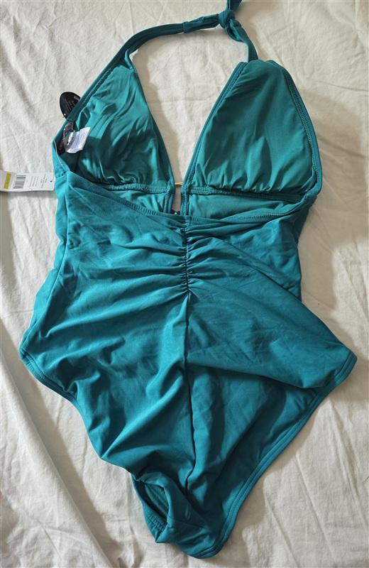 NWT Carmen Marc Valvo 14 Deep V Ring Halter Swimsuit 1pC Green 134898